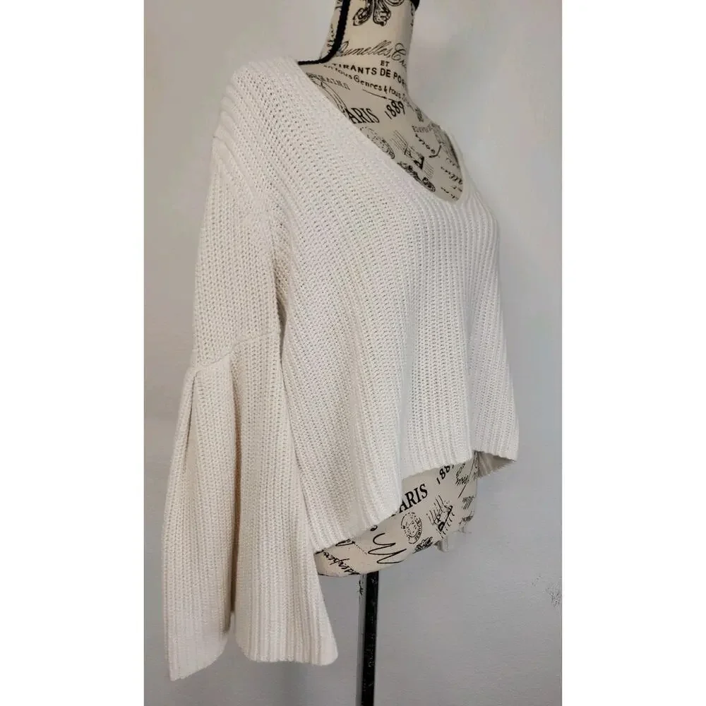 Free People Womens Sz Small Damsel Bell Sleeve Knit Sweater White Boho OB710275